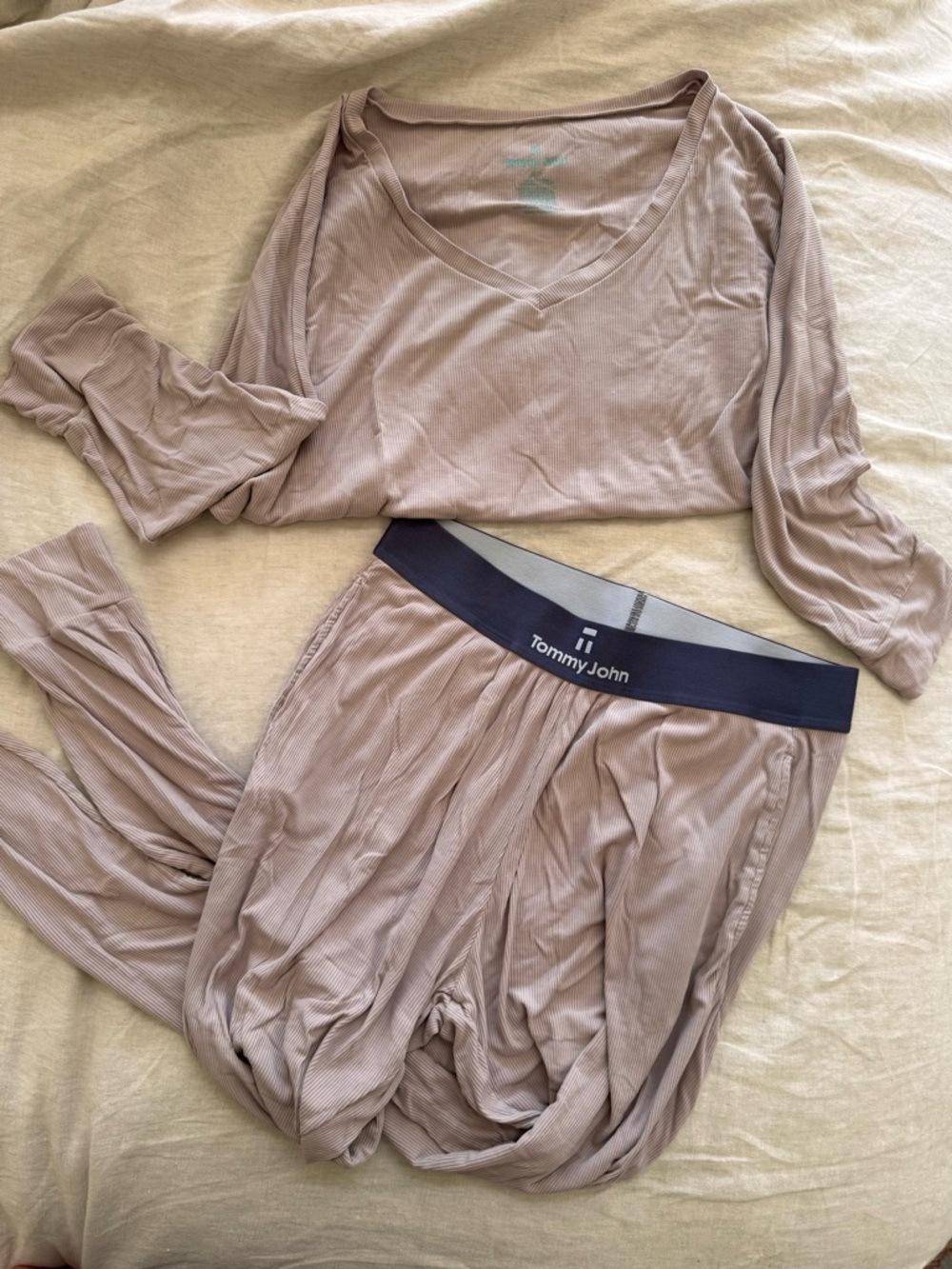 Tommy John Women's Ribbed Lounge Set in Taupe with logo Waistband